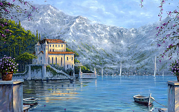 Lakeside, scenery, boats, villa, mountains, water, lake HD wallpaper