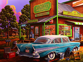 A Time Remembered, dog, artwork, painting, car, house, trees, case HD wallpaper