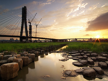 unfinished-bridge, river, landscape, beautiful, stones, scenery, bridge, clouds, view, nature, sky, sunset HD wallpaper