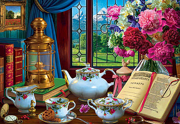 Tea Set, window, porcelain, books, table, painting, lamp, flowers HD wallpaper