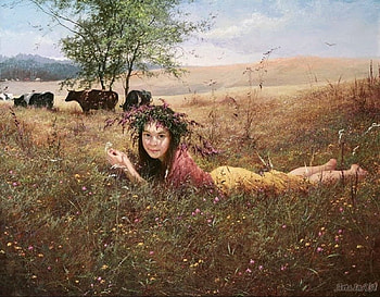 lying in the grass, girl, country, cows, painting HD wallpaper