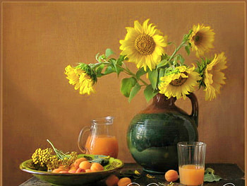 Peaches and sunflowers, juice, sunflowers, peaches, green vase, fruit, orange HD wallpaper