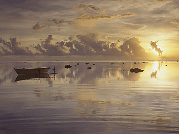 Still Waters, boat, calm, ocean, sunset HD wallpaper