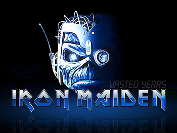 Iron Maiden - Wasted Years, blue, wasted, black, years, robot, iron maiden, iron, band, eddie, heavy, music, logo, machine, maiden, terminator, metal HD wallpaper