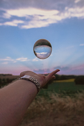 Sky, Clock, Reflection, Hand, Miscellanea, Miscellaneous, Ball HD phone wallpaper