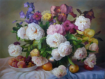 Flowers for Helen, table, bouquet, painting, fruit, flowers, cloth, bowl HD wallpaper