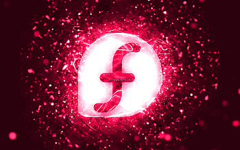Fedora pink logo, , pink neon lights, creative, pink abstract background, Fedora logo, Linux, Fedora HD wallpaper