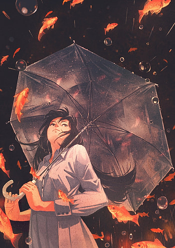 Original, anime girl, umbrella, fishes HD phone wallpaper