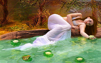 Tree, River, Sleeping, Flower, Fantasy, Women HD wallpaper