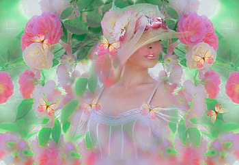 Uptown Girl, bright, green, girl, hat, colorful, white, bird, vibrant, butterflies, pink, vivid, bold HD wallpaper