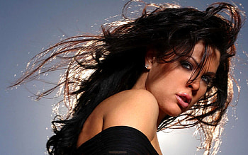 Christa Campbell, sexy, blue eyes, hot, cool, sky, black hair, woman, female HD wallpaper
