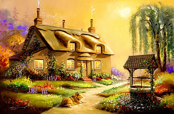 Peaceful country, house, garden, peaceful, beautiful, country, fog, pretty, alley, flowers, cottage, lovely, sun HD wallpaper