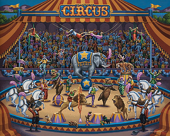 Circus, elephant horse, art, painting, pictura, eric dowdle, people, animal, horse, elephant HD wallpaper