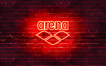 Arena red logo, , red brickwall, Arena logo, brands, Arena neon logo, Arena HD wallpaper