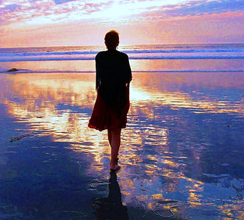 Walking on sunlight, blue, sunlit, gold, woman, sunset, evening, walk, beach HD wallpaper