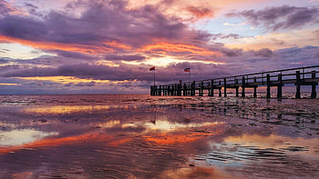 Sunset at the North Sea, Germany, colors, clouds, pier, sky, beach HD wallpaper