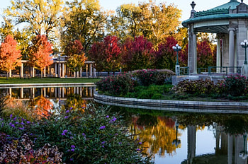 Autumn Park, Fall, gazebo, lamp posts, bushes, Autumn, reflection, benches, trees, flowers, water, pond HD wallpaper