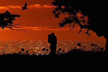 Romantic, couple, silhouette, sunset, art HD wallpaper