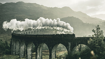 Black Train On Railway Bridge Under Heavy Clouds, train, smoke, graphy HD wallpaper