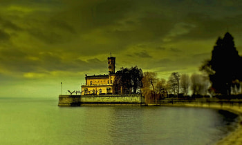 ..., isolated, graphy, alone, landscape, ancient, shore, abstract, green, clouds, sky, , castle, water, places HD wallpaper