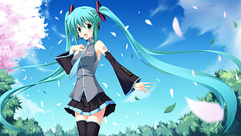 Hatsune Miku, sexy, blue eyes, cute, blue hair, girl, vocaloid, long hair, anime, petals, twintails, sakura blossoms HD wallpaper