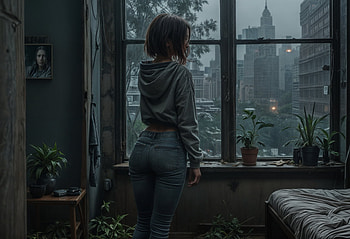 Abandoned Apartment City View, dark, woman, city, abandoned, post apocalyptic HD wallpaper