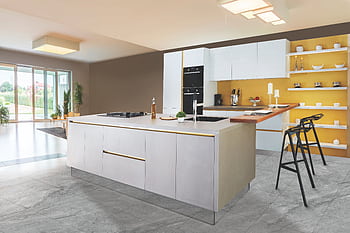 Sleek and modern kitchen interior featuring a large island and open shelving in a contemporary setting. HD wallpaper