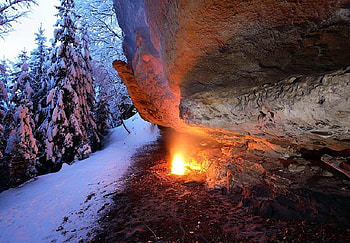 A Place to Keep Warm, winter, cold, fir, rocks, pine, snow, trees, warm, fire HD wallpaper