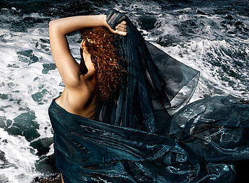 Sea Woman, blue, sea, wind, waves, model, woman HD wallpaper