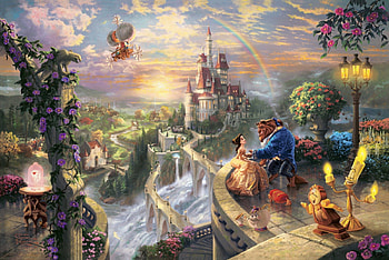 Beauty And The Beast, fantasy, trees, flowers, castle, beast, water, beauty HD wallpaper