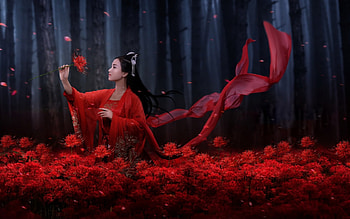 Spider lily, night, model, frumusete, asian, girl, woman, fantasy, red, luminos, forest HD wallpaper