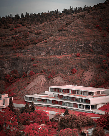 Trees, Architecture, Building, Mountain, Miscellanea, Miscellaneous, Slope HD phone wallpaper