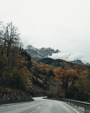 Nature, Trees, Mountains, Clouds, Road, Turn HD phone wallpaper