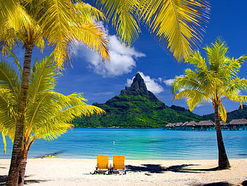 Lovely tropical place, island, blue, sunny, tropical, palm branches, chairs, holiday, sands, pleasant, water, ocean, palm trees, palms, sea, tropics, exotic, beautiful, mountain, summer, emerald, rest, clouds, nature, sky, lovely HD wallpaper