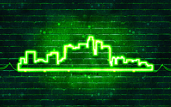 Los Angeles green neon silhouette, , green neon lights, Los Angeles skyline silhouette, green brickwall, american cities, neon skyline silhouettes, USA, Los Angeles silhouette, Los Angeles HD wallpaper