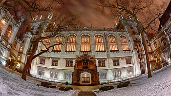 harper library at chicago university in winter r, winter, night, trees, r, library, fisheye HD wallpaper