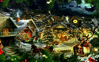 One Christmas Night, Christmas, town, old-fashioned, night, sleigh, trees HD wallpaper