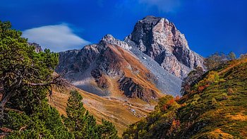 Mountain Landscape, sky, rocks, cloud, peaks, trees HD wallpaper
