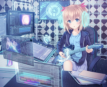 Sound Visibility, blouse, technologies, guitar, cute, dj, shirt, beauty, nice, monitor, digital, cg, short hair, , adorable, female, sweet, magic, jacket, girl, beautiful, kawaii, anime girl, anime, fantasy, pretty, brown hair, computer, lovely, screen HD wallpaper