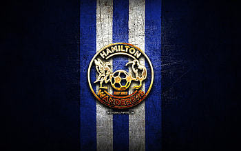 Hamilton Wanderers FC, golden logo, New Zealand Football Championship, blue metal background, New Zealand soccer club, Hamilton Wanderers logo, soccer, Hamilton Wanderers HD wallpaper