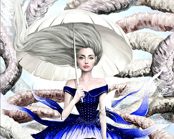 Lady with umbrella, blue, umbrella, white, omrikoresh, art, girl, wind, fantasy, luminos HD wallpaper
