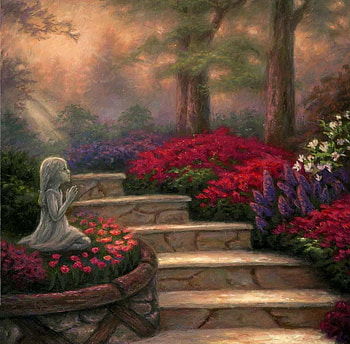 Steps of Providence, steps, garden, sun rays, painting, little girl statue, blossoms, trees, nature, flowers HD wallpaper