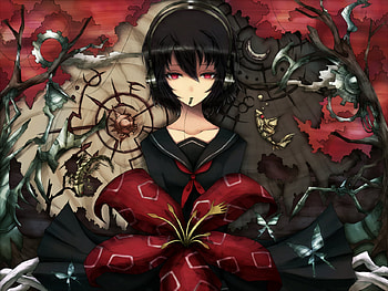 Nene nene, black, heads, person, red eyes, leaves, plant, butterfly, serious, flower, short hair, hair, red flower, mouth, female HD wallpaper