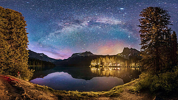 The Milky Way Over Emerald Lake, Yoho NP, british columbia, reflection, trees, sky, stars, water, canada HD wallpaper