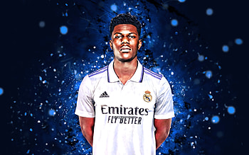 Aurelien Tchouameni, , 2022, Real Madrid FC, blue neon lights, soccer, french footballers, La Liga, Aurelien Tchouameni Real Madrid, football, Real Madrid CF, LaLiga, Aurelien Tchouameni HD wallpaper