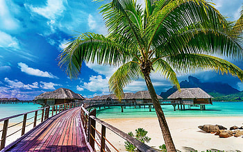 Paradise Beach - Bora-Bora, tropical, sea, palm tree, clouds, pier, gazebo, sky, indonesia HD wallpaper