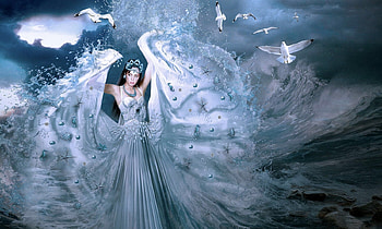 Princess of The Seas, sea, fantasy Girl, Princess, magaical, blue and white, dreamy, seagulls, ocean HD wallpaper