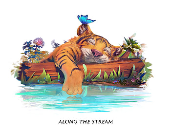 Along the stream, andre boulard, fantasy, butterfly, tiger, art, tigru, water, sleep, paw HD wallpaper