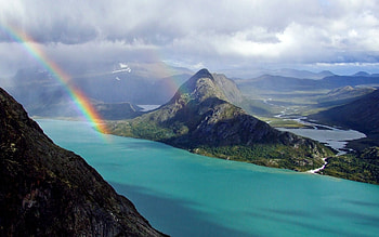 Rainbow in the Sky, island, rainbow, sky, nature, mountain HD wallpaper