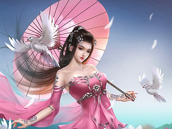 Fantasy girl, blue, umbrella, frumusete, bird, dove, parasol, girl, pink, fantasy, luminos, pasari HD wallpaper